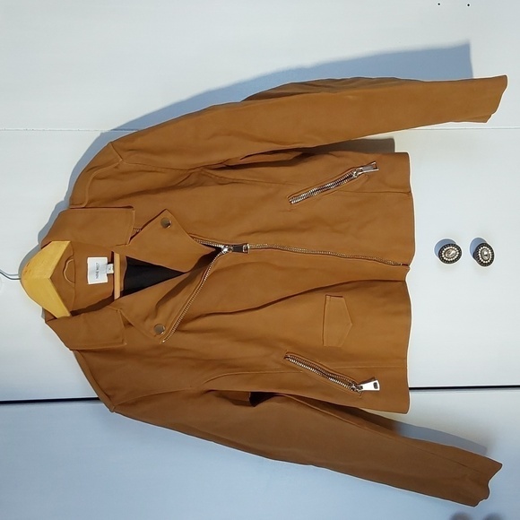 Nine West- Deep Tan Moto Coat/Jacket Silver accent Neutral Edgy MOD New! S.XL - Picture 1 of 12